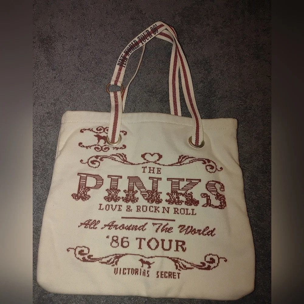 Victoria's Secret Cream and Red Retro Tote And Blanket Bundle.